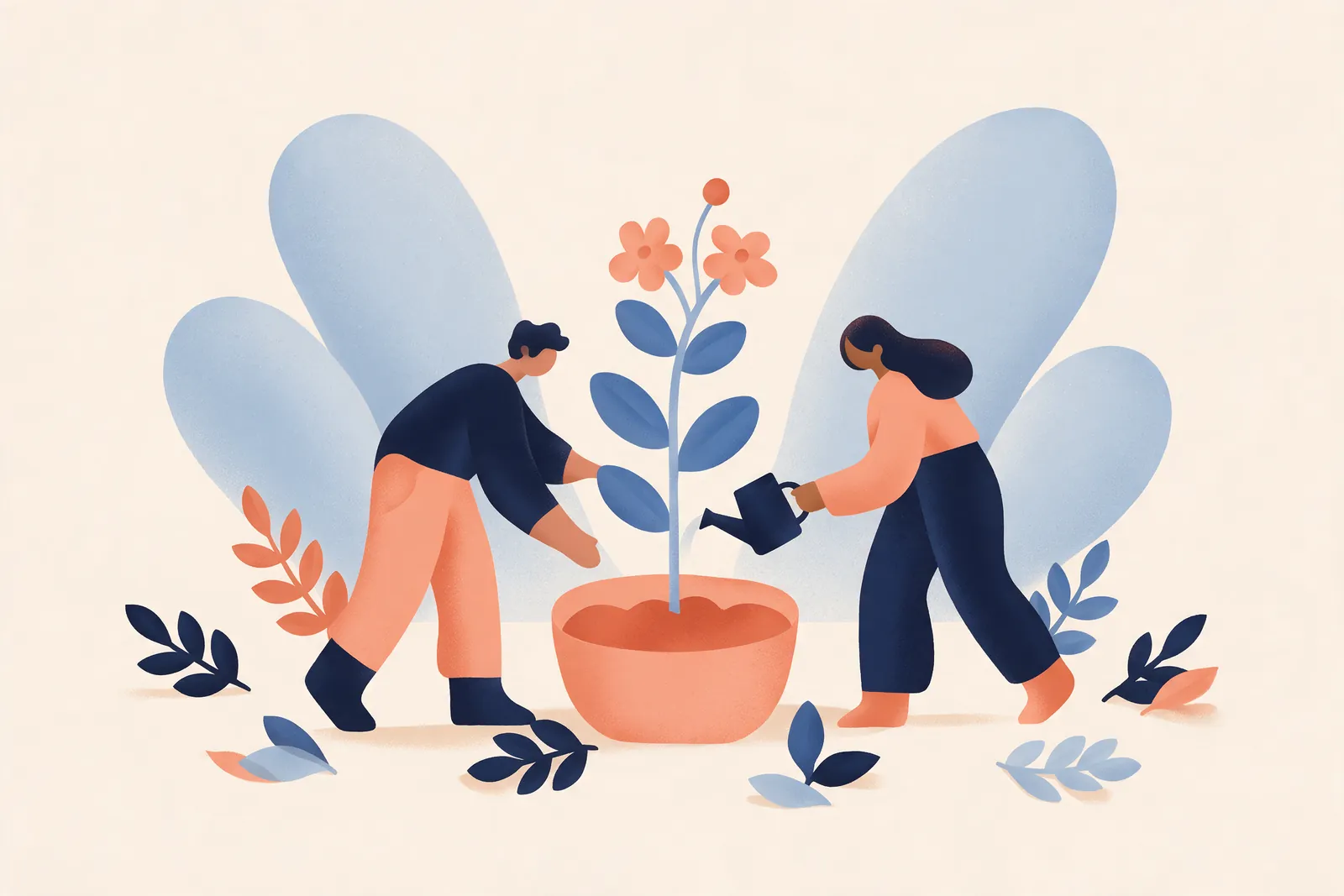 Illustration of two people tending a flowering plant together
