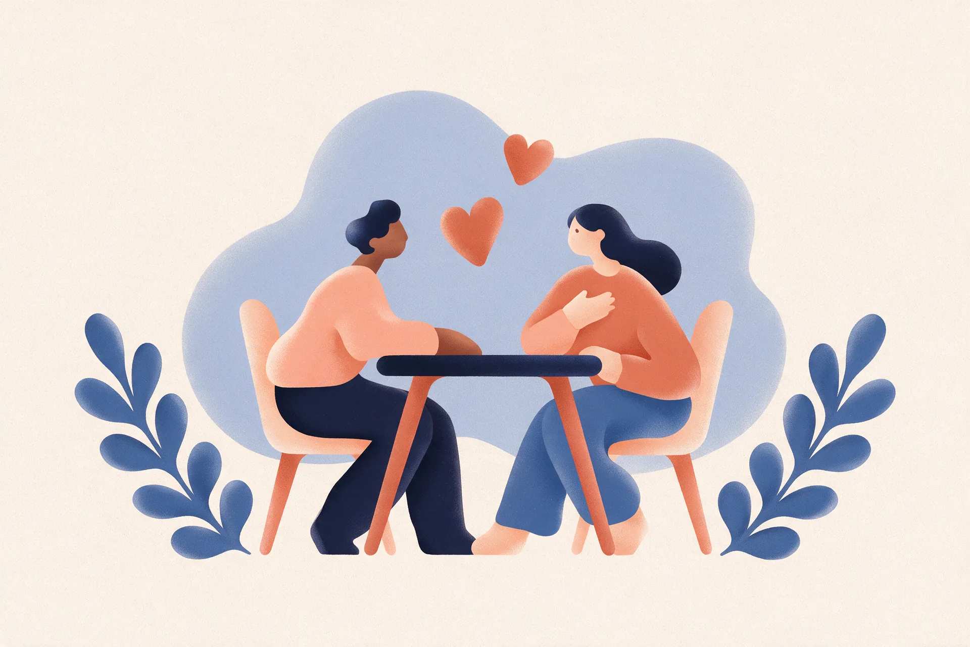 Illustration of a recruitment conversation, two people talking across a table
