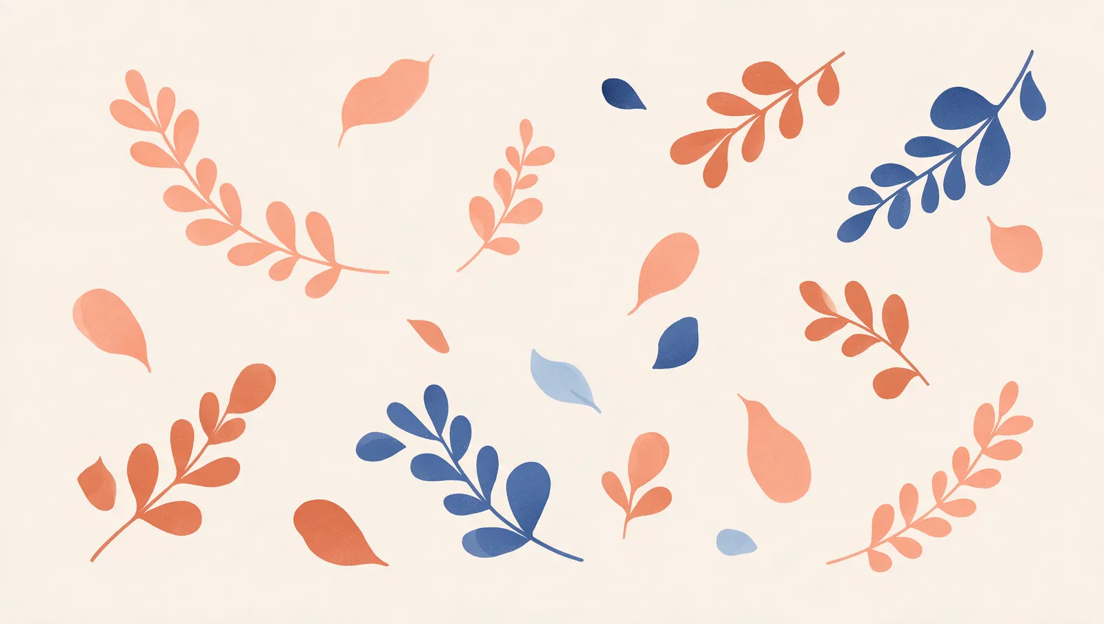 Scattered coral and blue leaf illustration