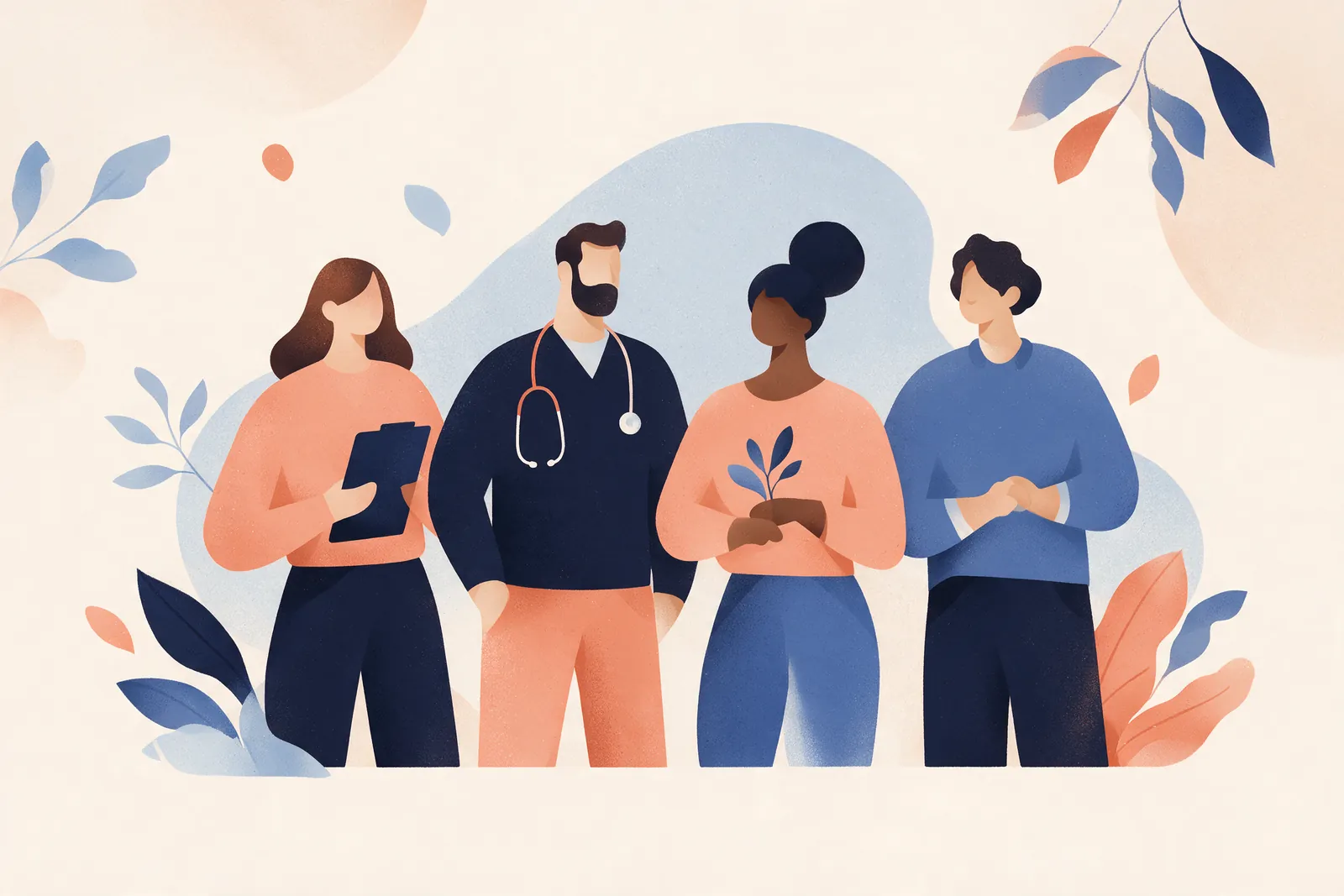 Illustration of four people-focused professionals standing together among leaves